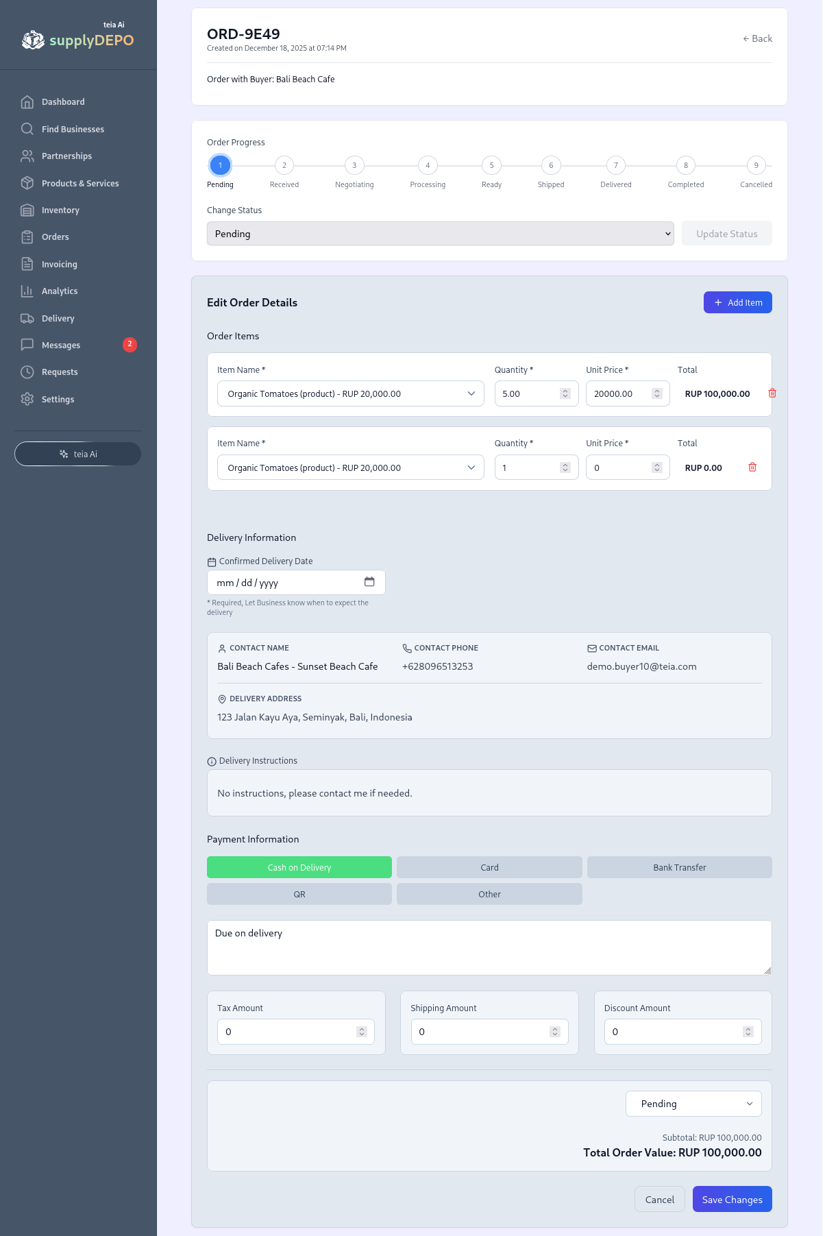 Order Editing Interface